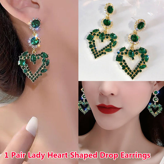 1 Pair Lady Heart Shaped Drop Earrings Fashion Elegant Party Green Rhinestone Ear Stud Jewelry Accessories