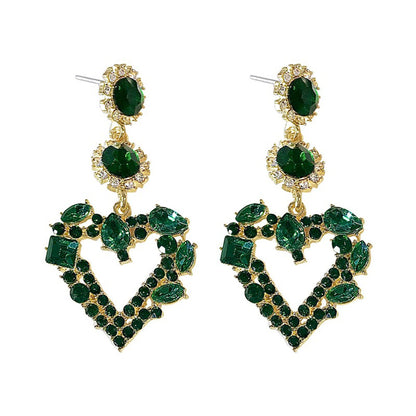 1 Pair Lady Heart Shaped Drop Earrings Fashion Elegant Party Green Rhinestone Ear Stud Jewelry Accessories