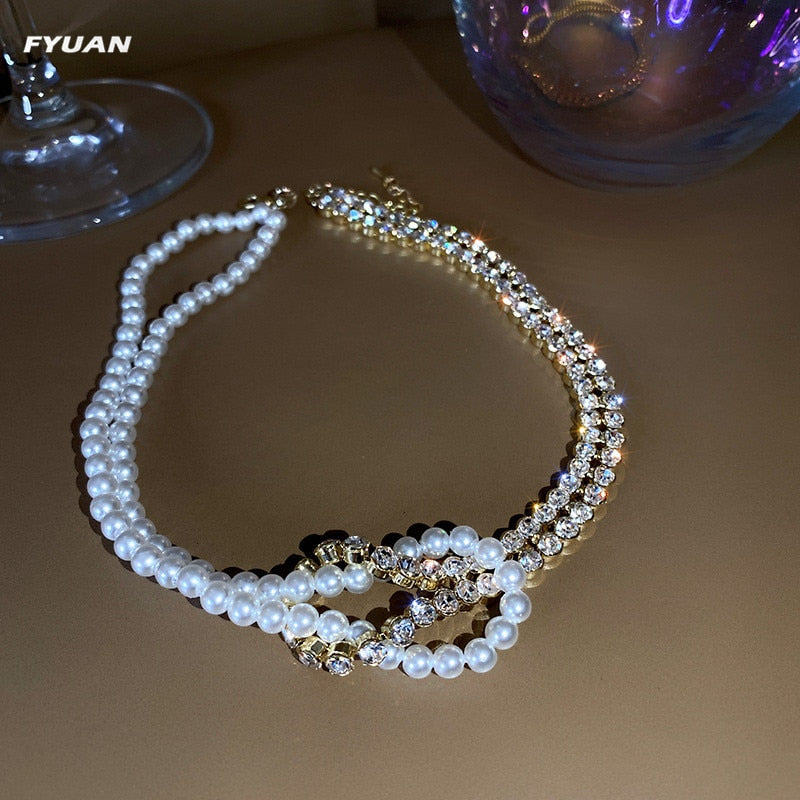 Korean Style Pearl Crystal Choker Necklaces for Women
