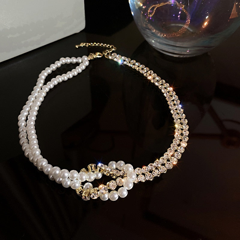 Korean Style Pearl Crystal Choker Necklaces for Women