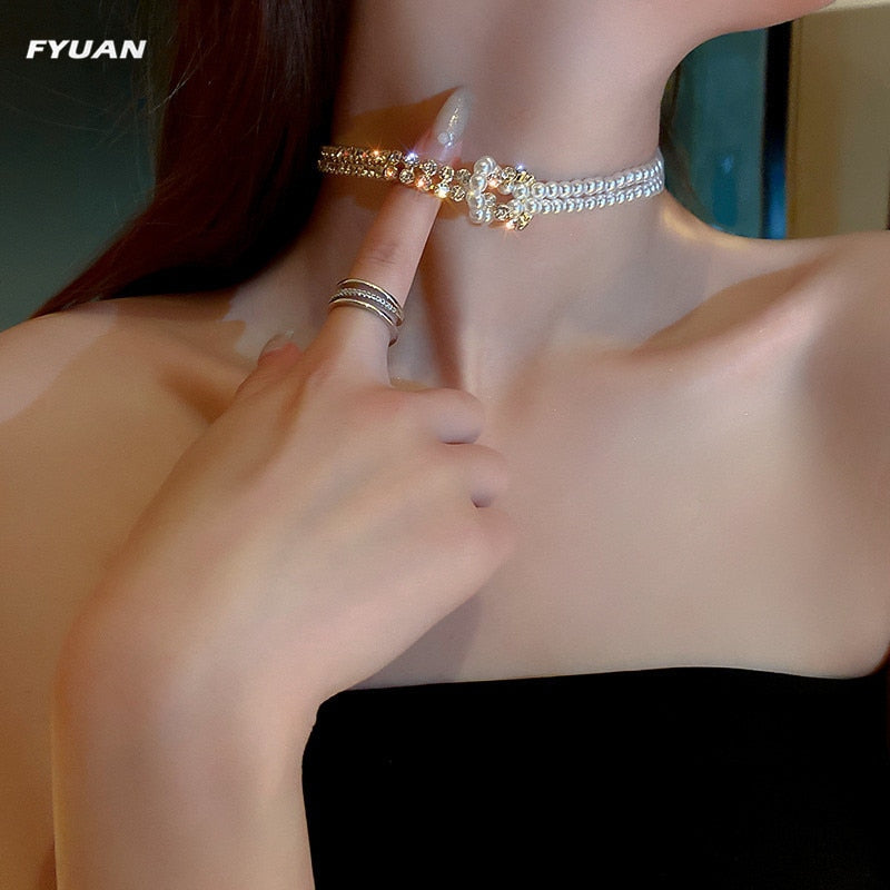 Korean Style Pearl Crystal Choker Necklaces for Women