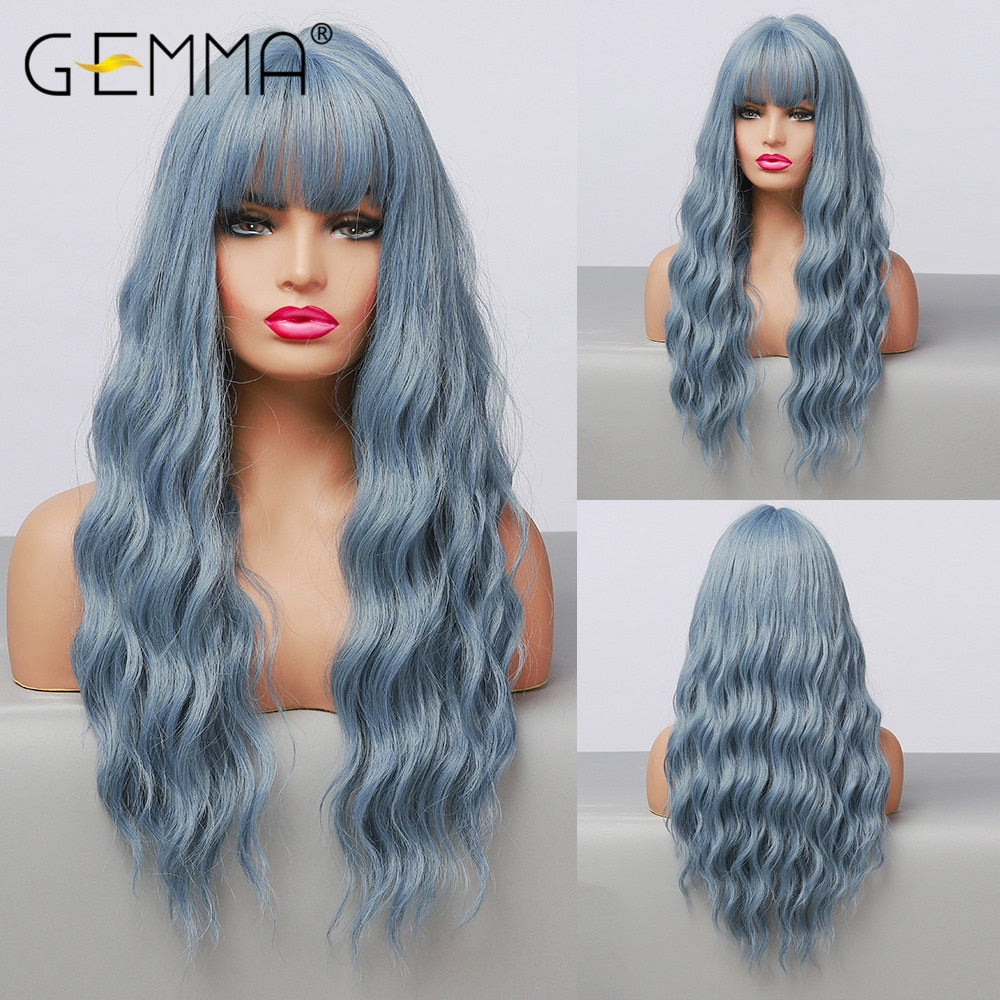 Long Water Wave Blue High Temperature Wigs for Women Synthetic Hair Wigs with Bangs