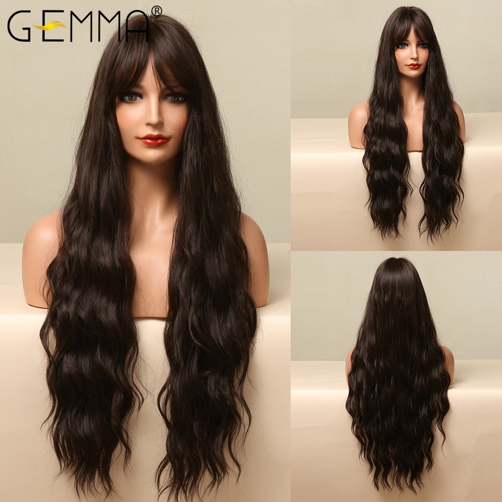 Long Water Wave Blue High Temperature Wigs for Women Synthetic Hair Wigs with Bangs