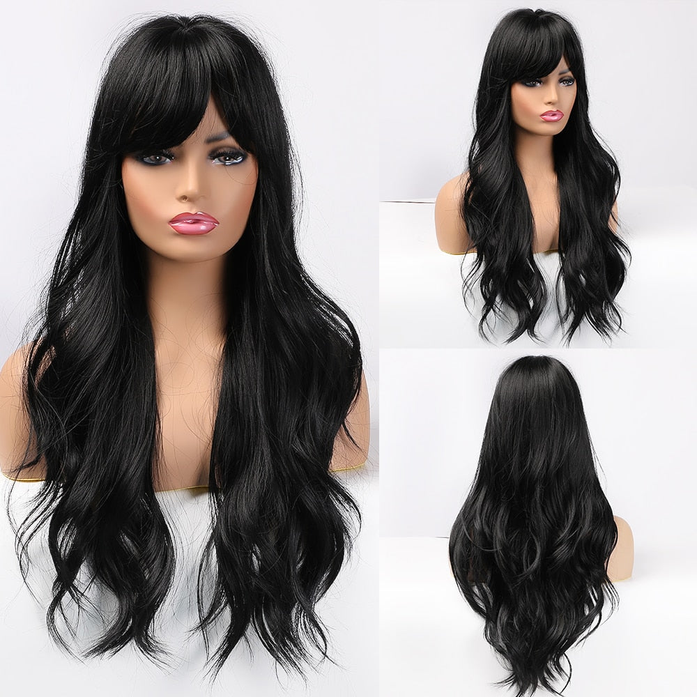 Long Water Wave Blue High Temperature Wigs for Women Synthetic Hair Wigs with Bangs