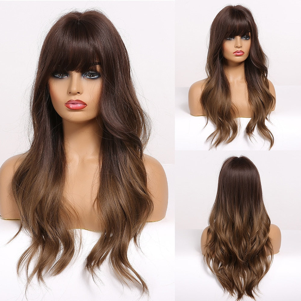 Long Water Wave Blue High Temperature Wigs for Women Synthetic Hair Wigs with Bangs