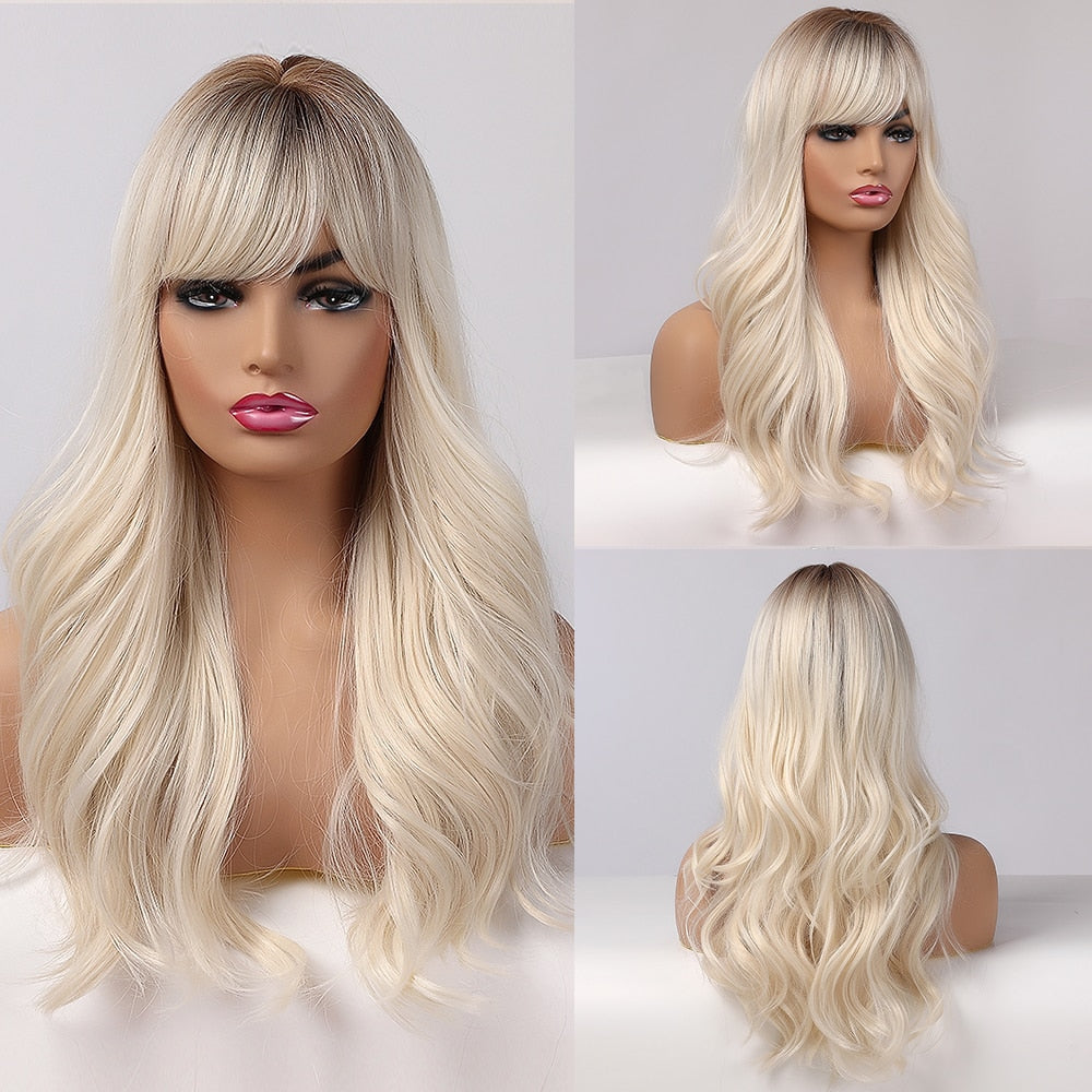 Long Water Wave Blue High Temperature Wigs for Women Synthetic Hair Wigs with Bangs