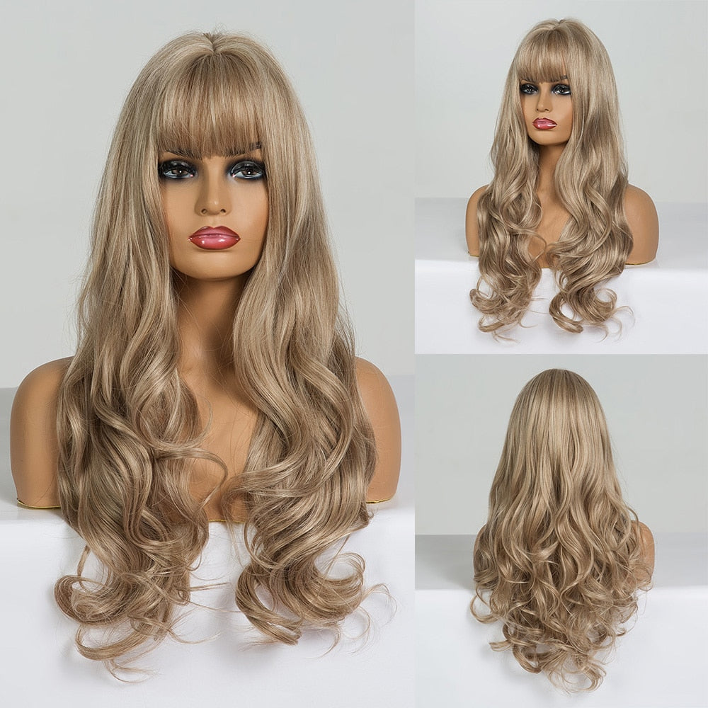 Long Water Wave Blue High Temperature Wigs for Women Synthetic Hair Wigs with Bangs