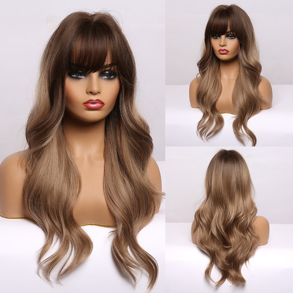 Long Water Wave Blue High Temperature Wigs for Women Synthetic Hair Wigs with Bangs