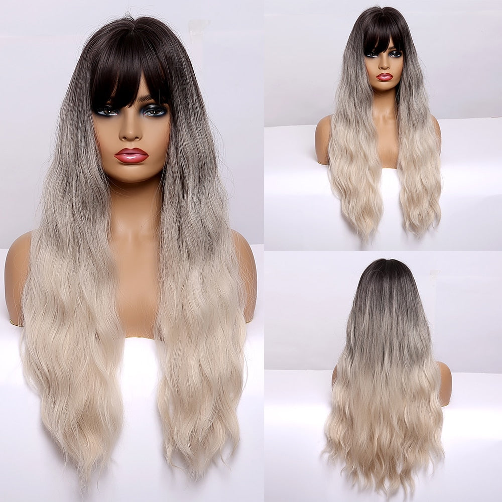 Long Water Wave Blue High Temperature Wigs for Women Synthetic Hair Wigs with Bangs