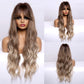 Long Water Wave Blue High Temperature Wigs for Women Synthetic Hair Wigs with Bangs