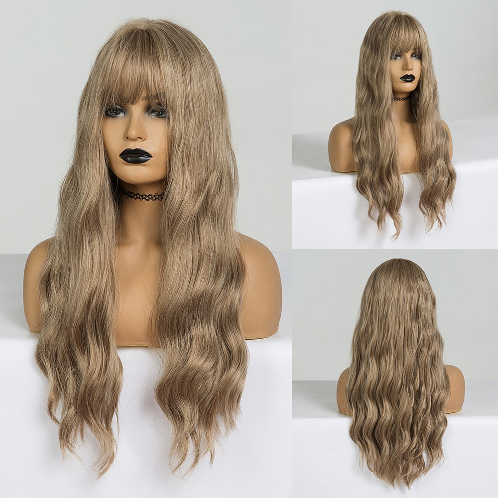 Long Water Wave Blue High Temperature Wigs for Women Synthetic Hair Wigs with Bangs