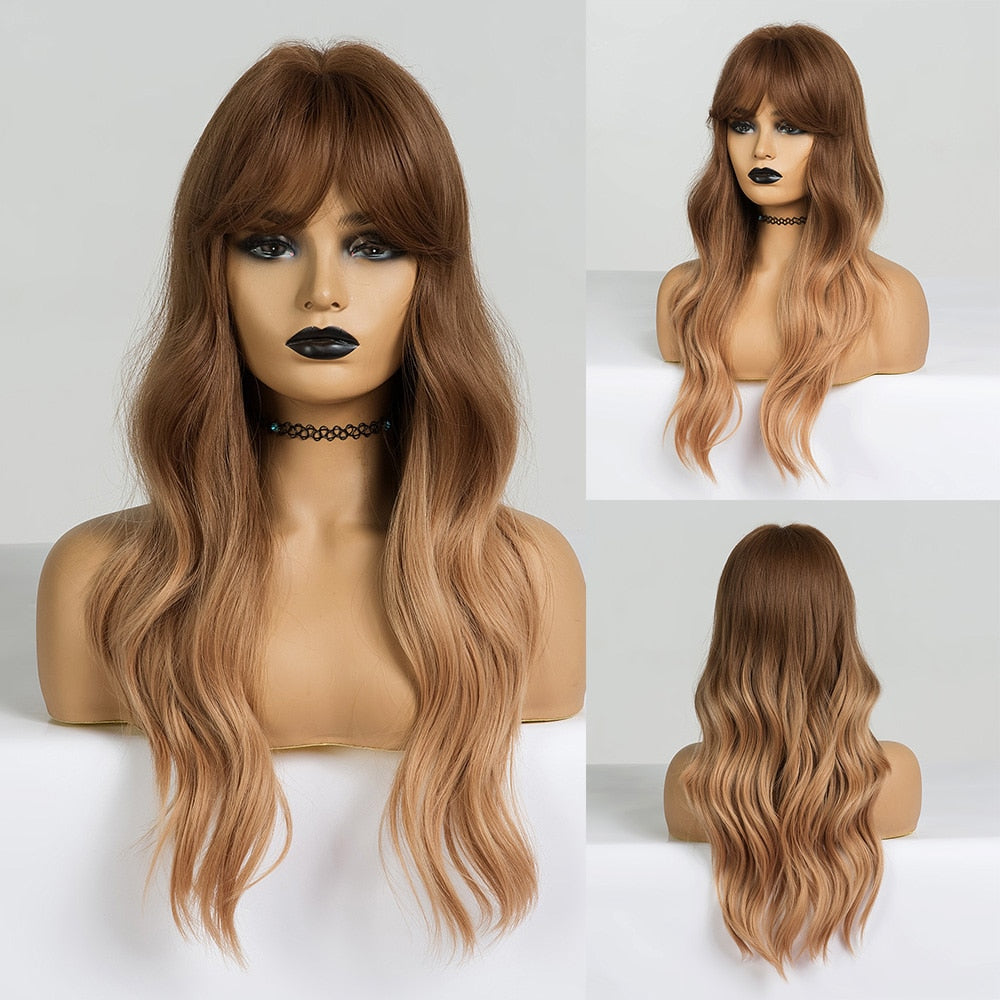 Long Water Wave Blue High Temperature Wigs for Women Synthetic Hair Wigs with Bangs