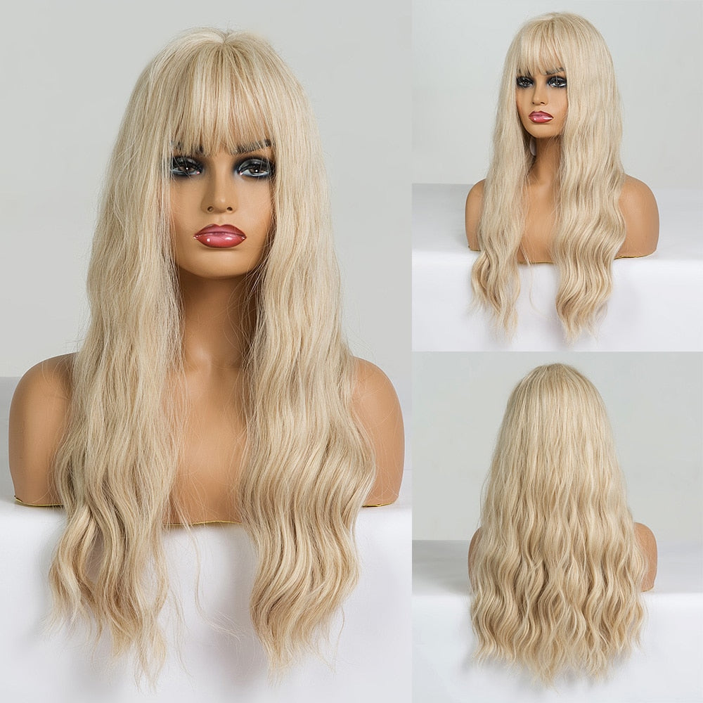 Long Water Wave Blue High Temperature Wigs for Women Synthetic Hair Wigs with Bangs