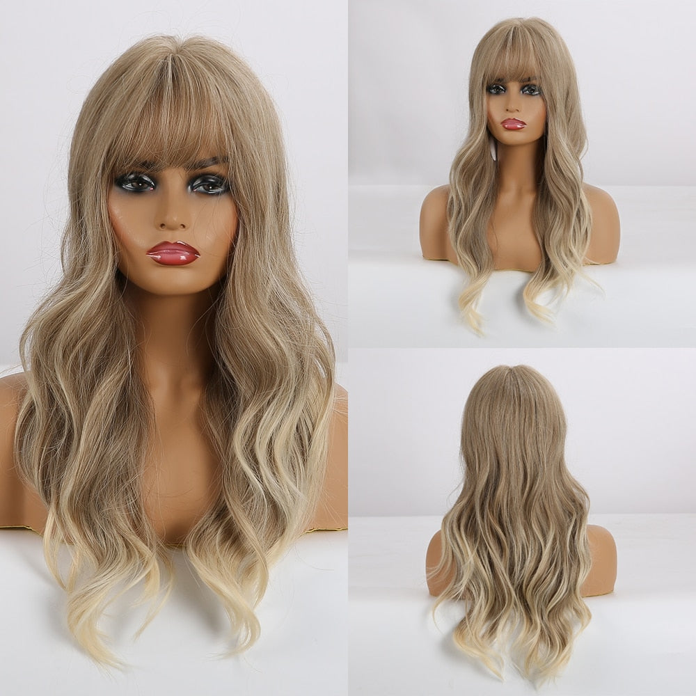 Long Water Wave Blue High Temperature Wigs for Women Synthetic Hair Wigs with Bangs