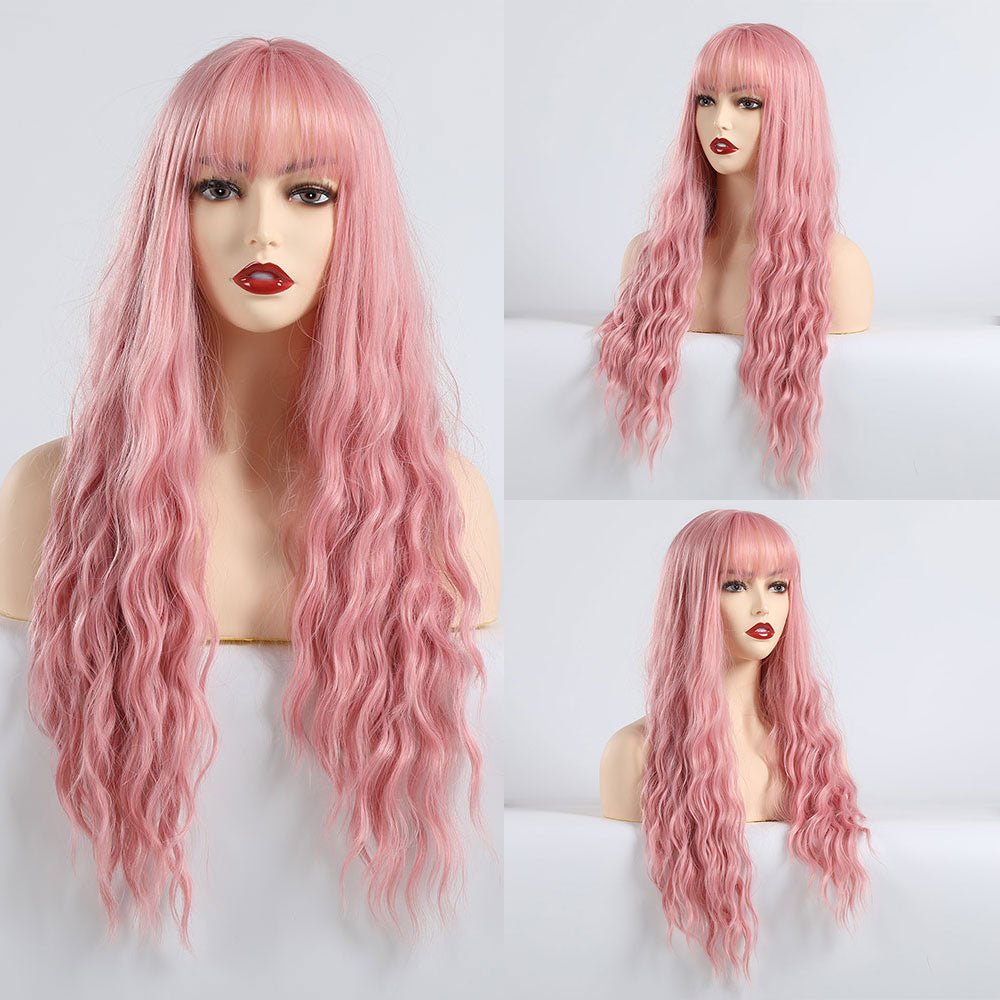 Long Water Wave Blue High Temperature Wigs for Women Synthetic Hair Wigs with Bangs