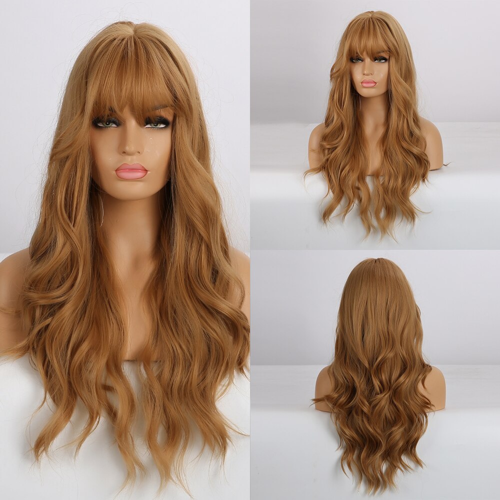 Long Water Wave Blue High Temperature Wigs for Women Synthetic Hair Wigs with Bangs