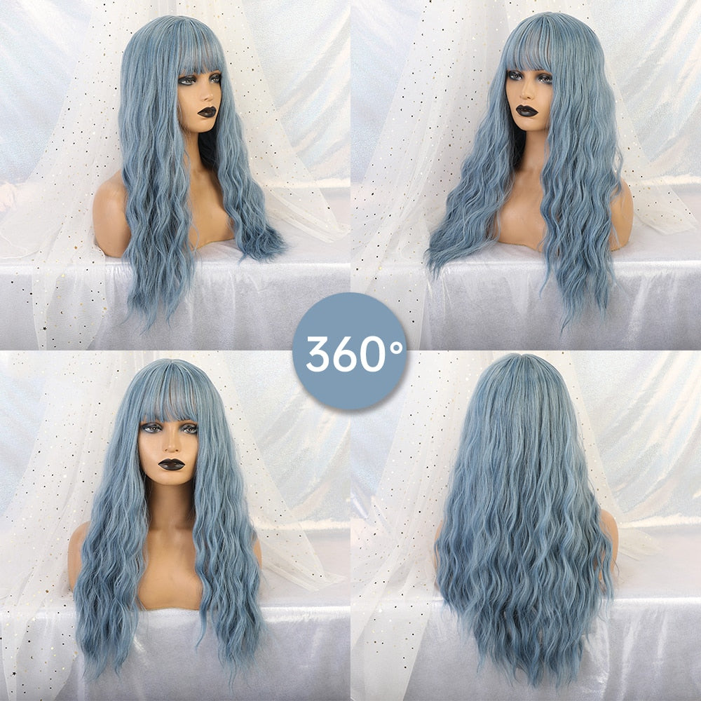 Long Water Wave Blue High Temperature Wigs for Women Synthetic Hair Wigs with Bangs