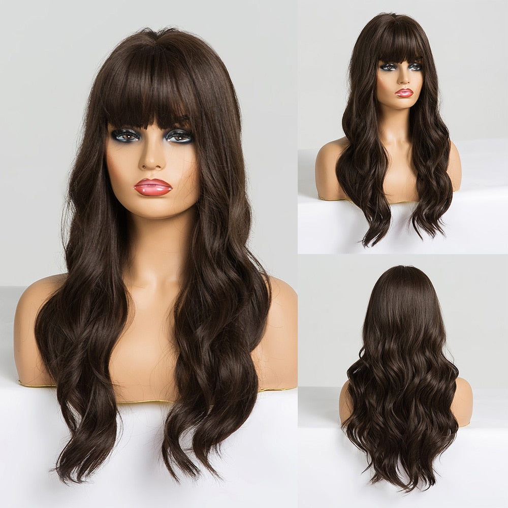 Long Water Wave Blue High Temperature Wigs for Women Synthetic Hair Wigs with Bangs