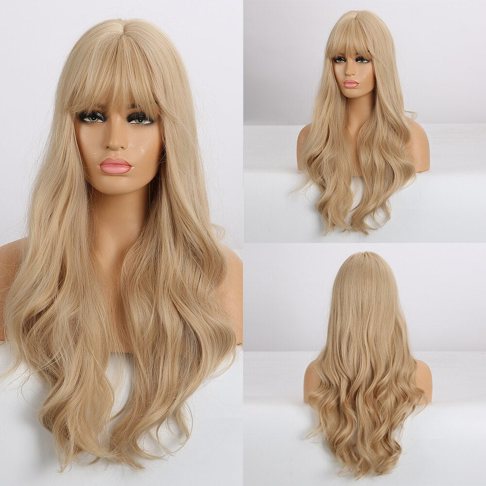 Long Water Wave Blue High Temperature Wigs for Women Synthetic Hair Wigs with Bangs