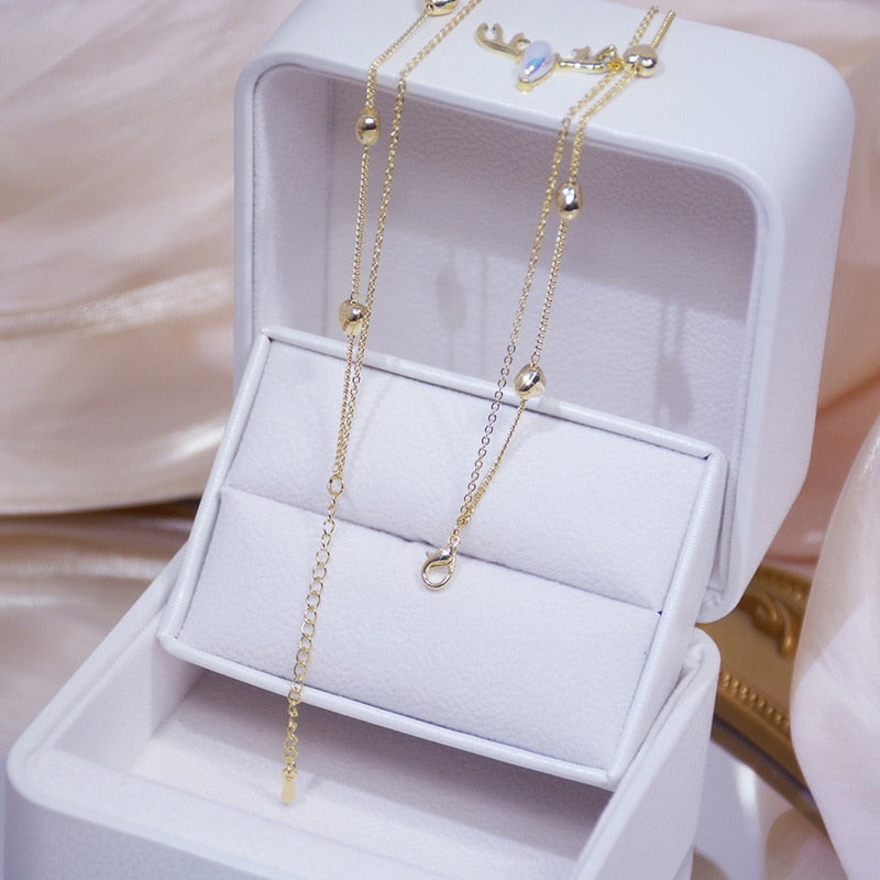 Gold Color Double Layer Heart Necklace Shining Bling AAA Zircon