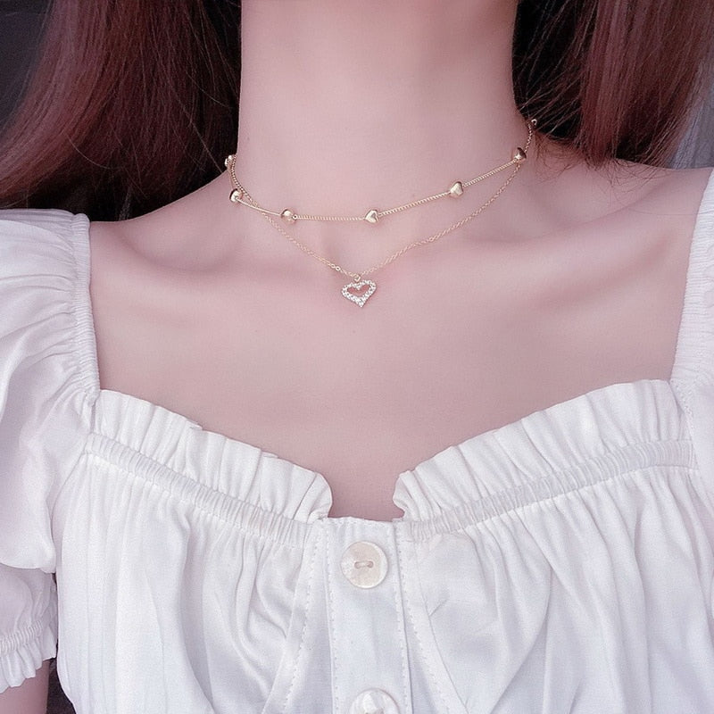 Gold Color Double Layer Heart Necklace Shining Bling AAA Zircon