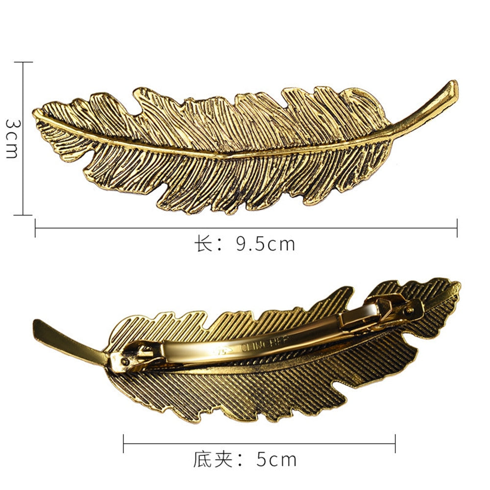 Women New Alloy Vintage Hair Clip Feather Leaf Shape Barrette Metal Hairpins