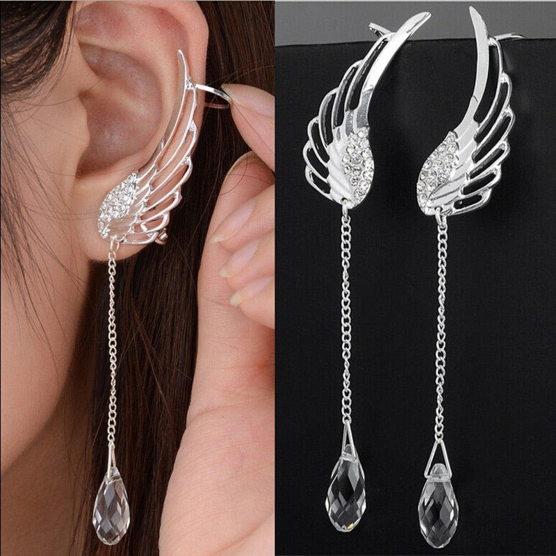 New Silver Plated Angel Wing Stylist Crystal Earrings Drop Dangle Ear Stud For Women