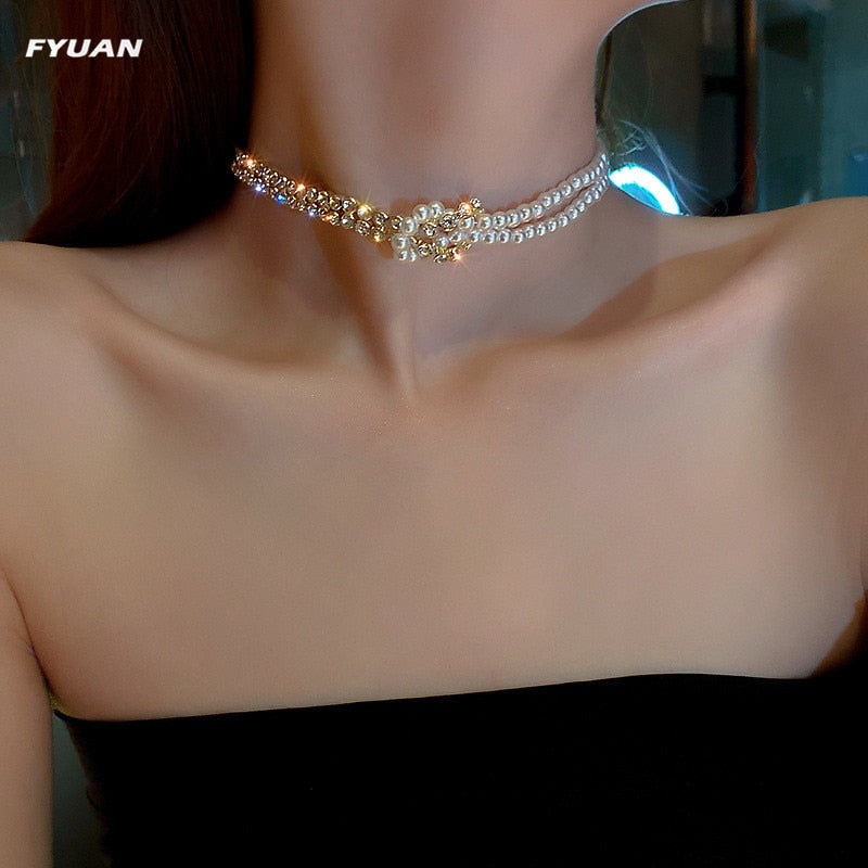 Korean Style Pearl Crystal Choker Necklaces for Women