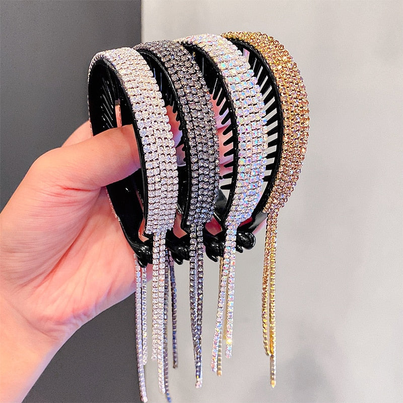 Women Elegant Rhinestone Tassel Ponytail Hair Claws Lady  Meatball Hair Clips