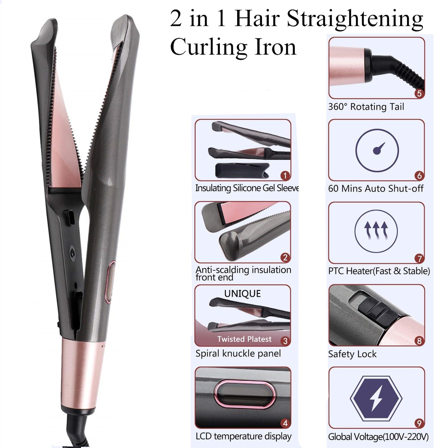 2 In 1 Hair Straightener and Curler Curling Iron for All Hair Types