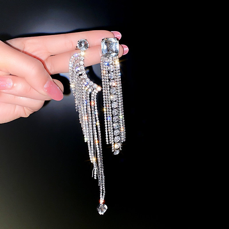 Women  Long Tassel Crystal Shine Full Rhinestone Asymmetry Drop Earrings