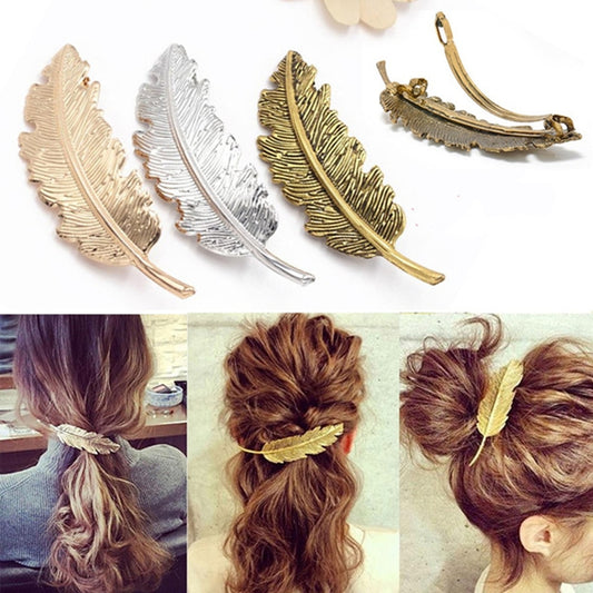 Women New Alloy Vintage Hair Clip Feather Leaf Shape Barrette Metal Hairpins