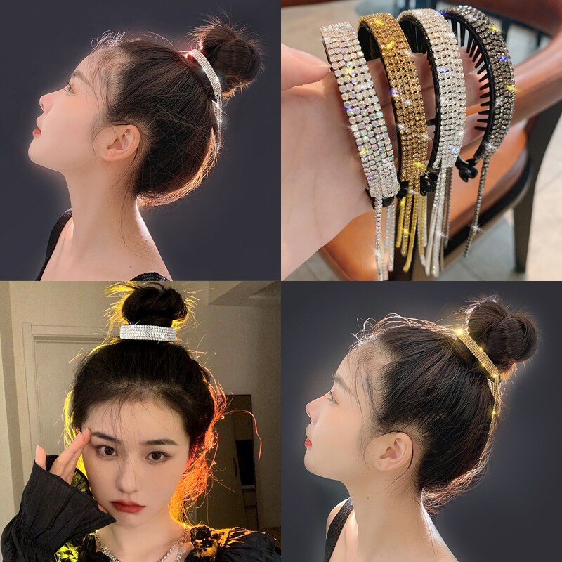 Women Elegant Rhinestone Tassel Ponytail Hair Claws Lady  Meatball Hair Clips