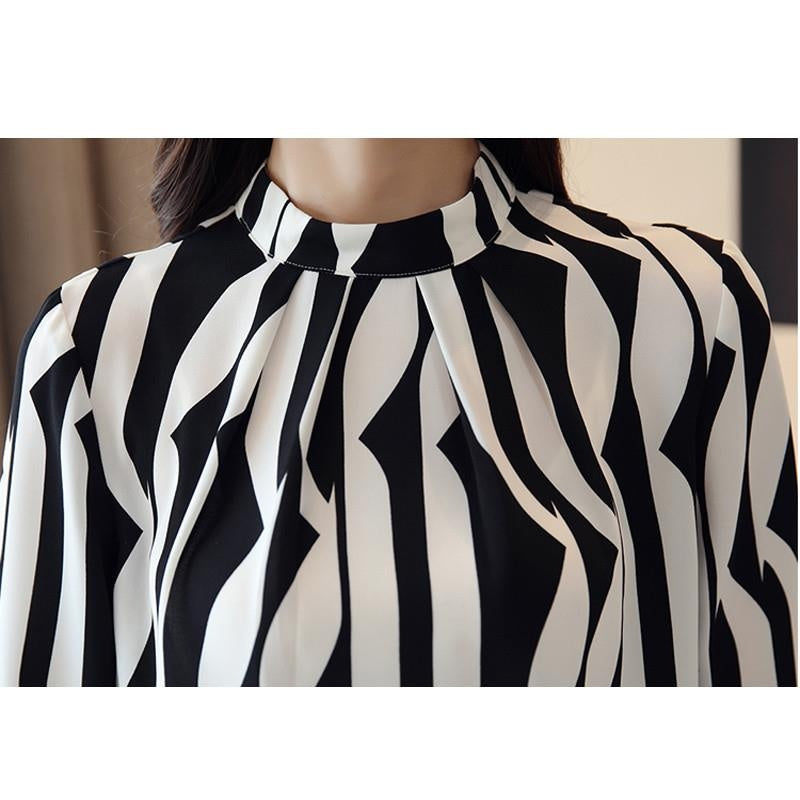 1 Pcs Women Autumn Long Sleeve Chiffon Shirts Fashion Striped Stand Collar Temperament Shirts