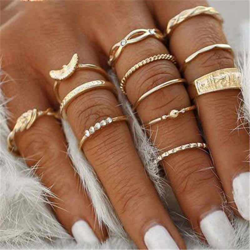 12 Pcs /Set Women Combination Ring Set Gold Color Inlay Diamond Carved Pattern Alloy Joint Ring