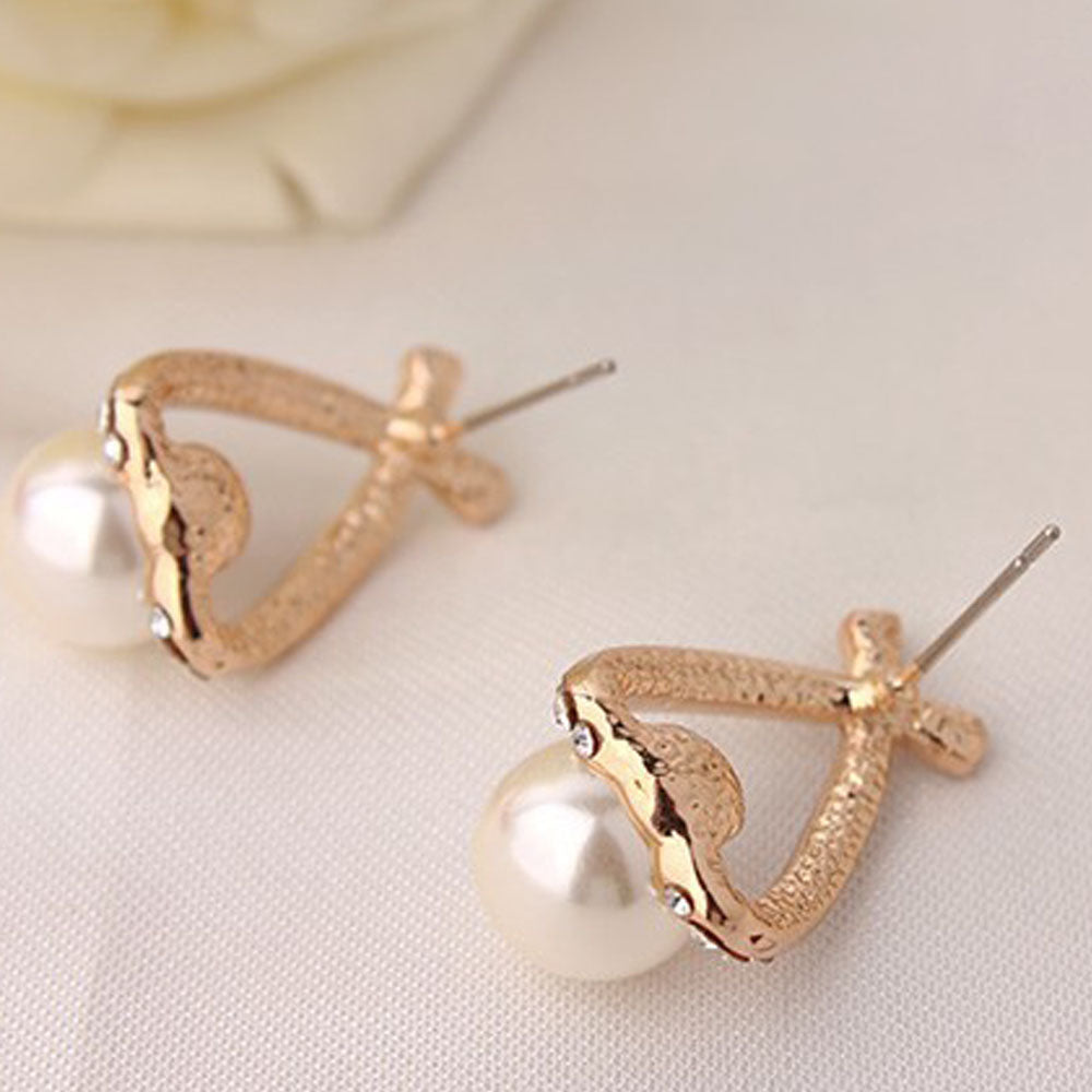 One Pair Women Cross Rhinestone Pearls Stud Earrings Fashion Sweet Elegant Earrings